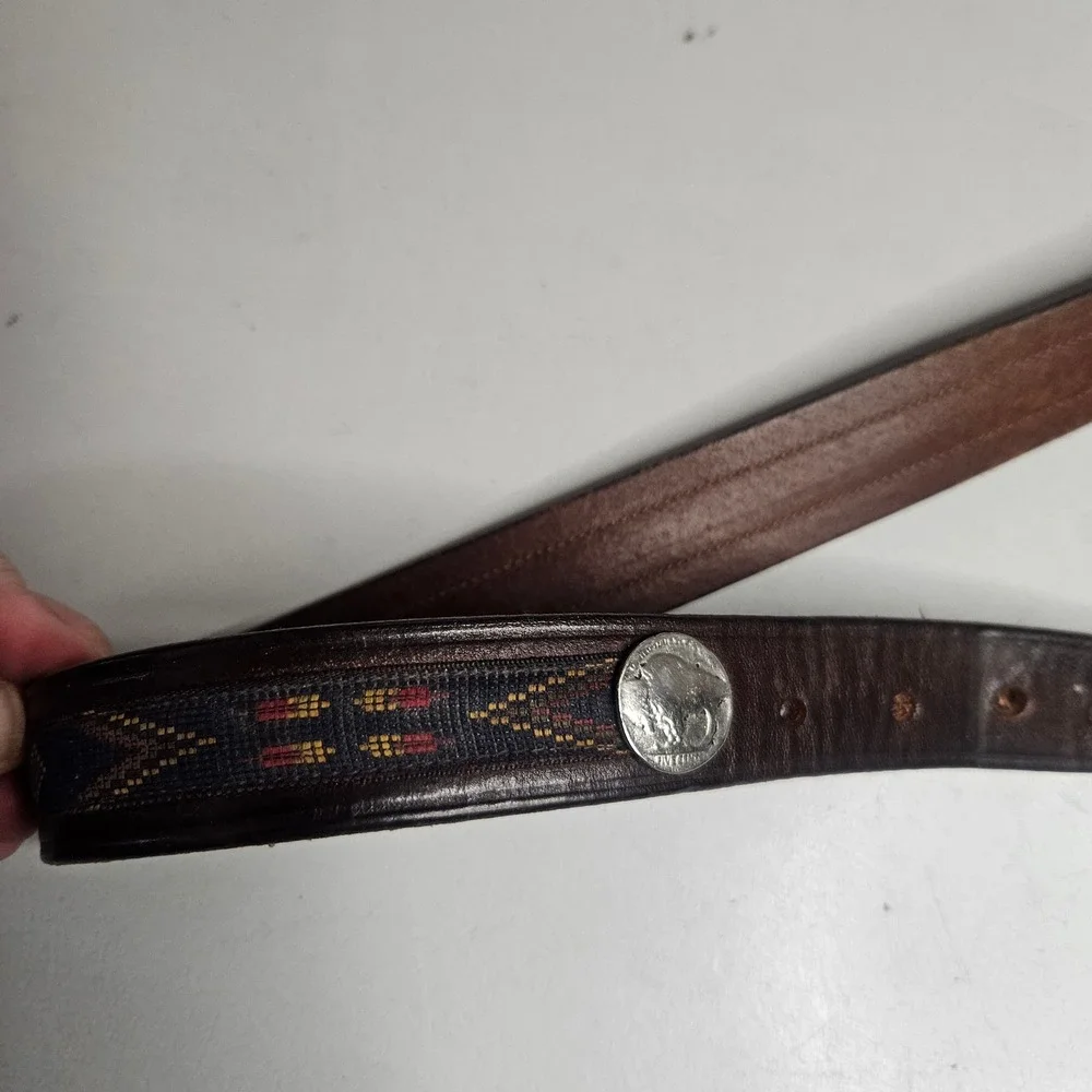 Trafalgar Mens Brown Leather Belt Buffalo Nickel Southwestern‎ Woven Inlay 42